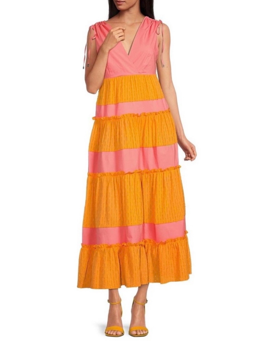 Colorblocked Pink and Orange Tiered Maxi Dress